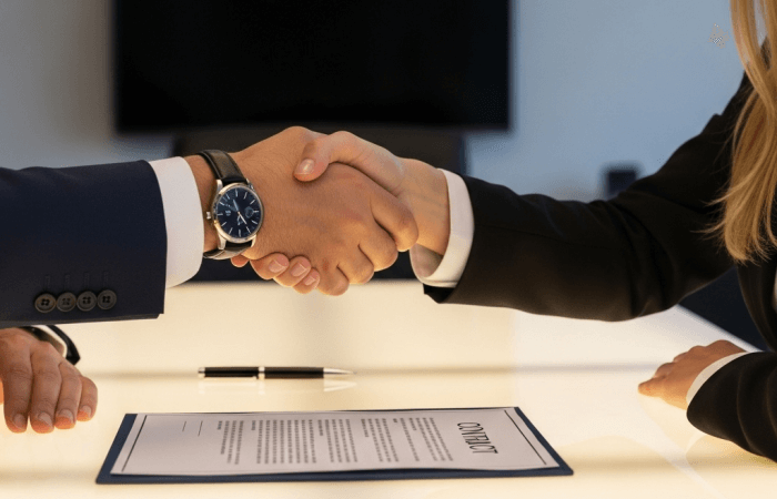 Two professionals, a man wearing a suit and watch and a woman in a suit jacket, are shaking hands across a white table. A document, possibly a contract, lies on the table in front of them, along with a pen. A large, dark screen is visible in the blurred background. This image effectively represents an agreement or transaction within commercial law.