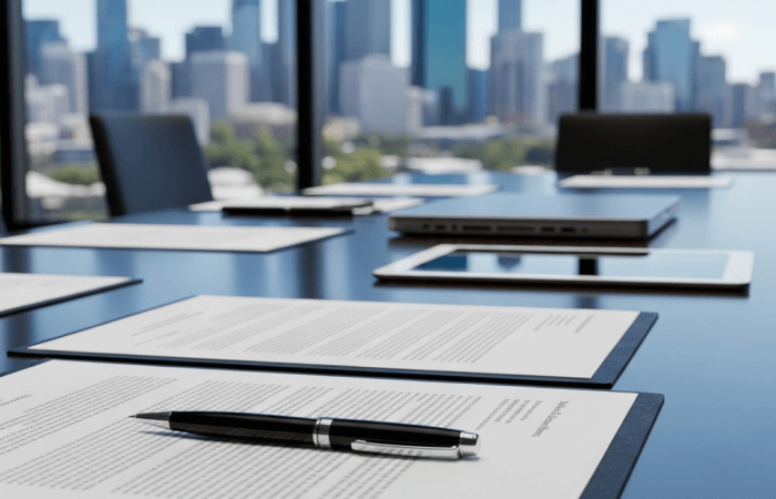 Legal documents and a pen on a boardroom table, with a blurred modern city skyline visible through a window, symbolizing corporate law and directors duties.