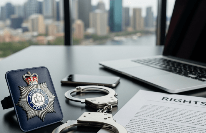 Police badge and handcuffs on a desk next to a laptop and smartphone with a document labeled RIGHTS, set against a blurred Australian city skyline, representing police powers and individual rights.