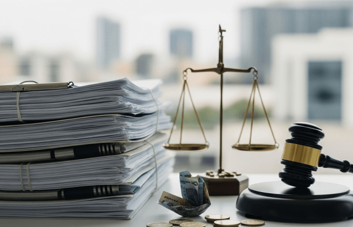 Stack of financial documents with a gavel, crumpled money, and scales of justice, symbolizing company liquidation and financial distress in a legal setting.
