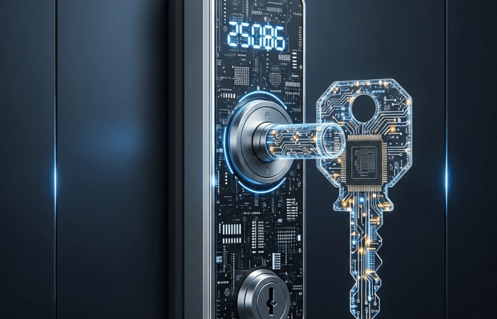 A futuristic digital door lock featuring circuit board patterns and a glowing numerical display, with a glowing, transparent digital key shaped like a traditional key inserted into it, all set against a dark background.