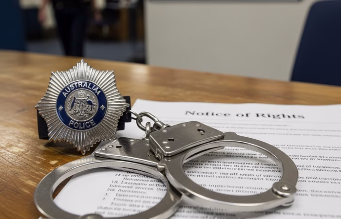A police officer's badge and a pair of handcuffs rest on a "Notice of Rights" document on a wooden table, with a blurred police officer visible in the background. This image symbolizes police powers, arrest procedures, and an individual's legal rights, which are often involved alongside a search warrant.