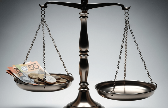 A classic bronze Scales of Justice stands balanced against a neutral background. On the left pan, there is a small stack of Australian banknotes (including a $50 note) and several Australian coins, indicating a financial consideration. The right pan is empty, highlighting the imbalance or the weighing of monetary value against abstract concepts like justice, fairness, and the principles of consumer law.