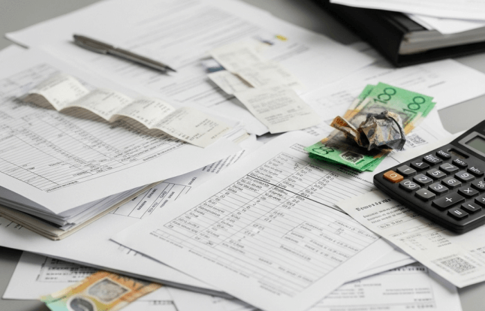 A messy stack of scattered financial documents, receipts, and bills, with a calculator and crumpled Australian banknotes on top of the pile. This imagery symbolizes significant financial strain, excessive debt, and the complex paperwork involved in managing and addressing insolvency.