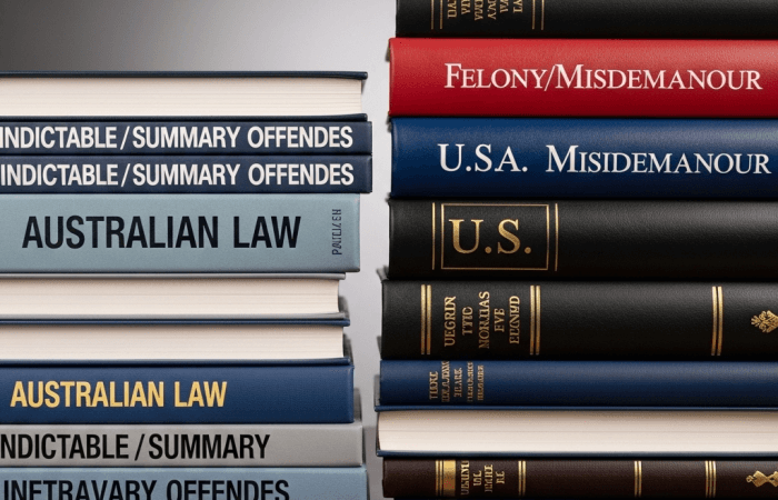 Two stacks of law books are positioned side-by-side against a grey background, symbolising different approaches to criminal charges. The stack on the left features blue and light grey spines, with visible titles like "INDICTABLE/SUMMARY OFFENCES" and "AUSTRALIAN LAW," referencing classifications of criminal charges in Australia. The stack on the right has red, blue, and black spines, including titles such as "FELONY/MISDEMEANOUR" and "U.S.A. MISDEMEANOUR," indicating a comparison between how criminal charges are categorised in Australian and U.S. legal systems.