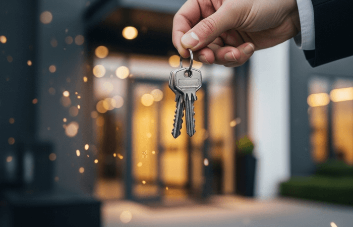 A person in a suit jacket and white shirt holds a set of two silver keys on a ring, extending them toward the viewer. A visual representation often associated with detinue, where rightful possession of property, such as keys or other personal items, is disputed.