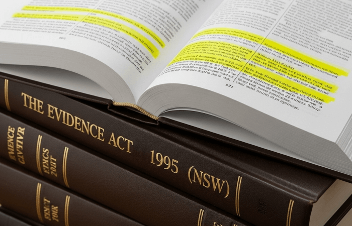 A stack of law books, specifically the Evidence Act 1995 (NSW), or a close-up of an open legal text with highlighted sections, emphasizing the importance of legislation in matters such as evidence admissibility and the detailed nature of legal principles.