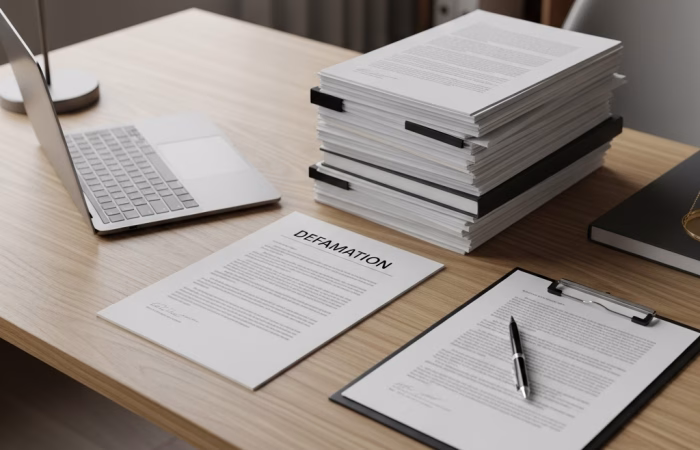 A lawyer's desk with a laptop, a stack of legal papers, and a clipboard with a document on it. The image represents a business preparing for legal action against business defamation.
