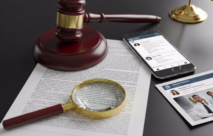 A gavel and a magnifying glass on a legal document, with a smartphone in the background showing a defamatory social media post which is a type of defamation case.
