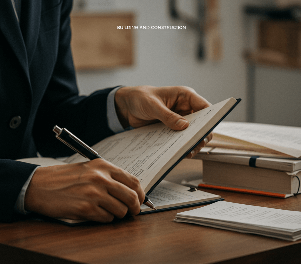 A hand illustrating legal documents and demonstrating our Building and Construction legal services.