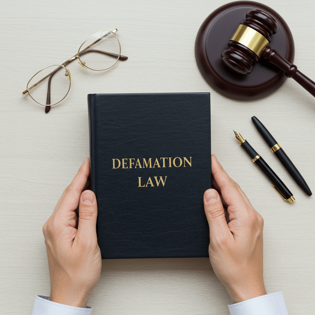 Hands holding a book titled 'Defamation Law,' with a gavel, glasses, and pen in the background. Represents our expertise in defamation legal services.