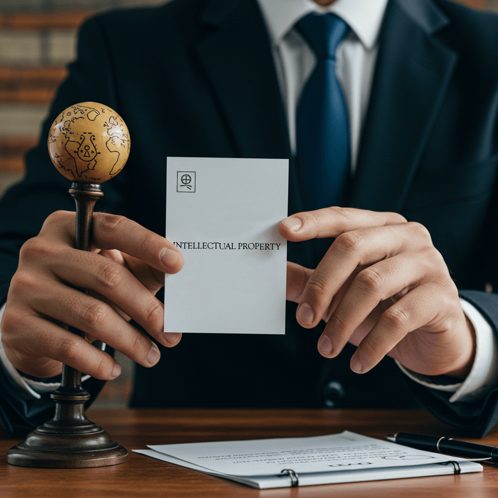 A hand holding a paper displaying 'Intellectual Property,' representing one of our legal services.