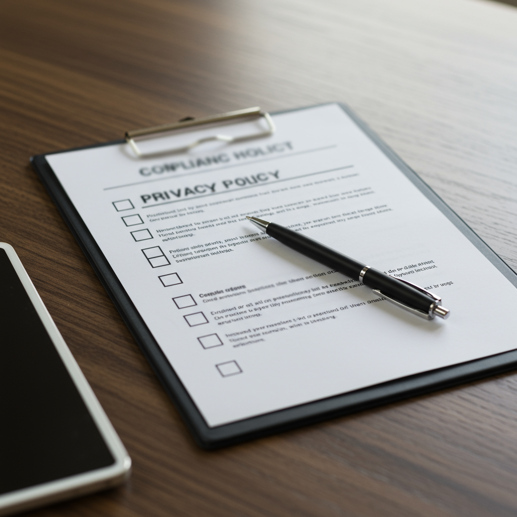 A checklist or compliance document with a magnifying glass, signifying data privacy review and regulatory compliance for businesses.