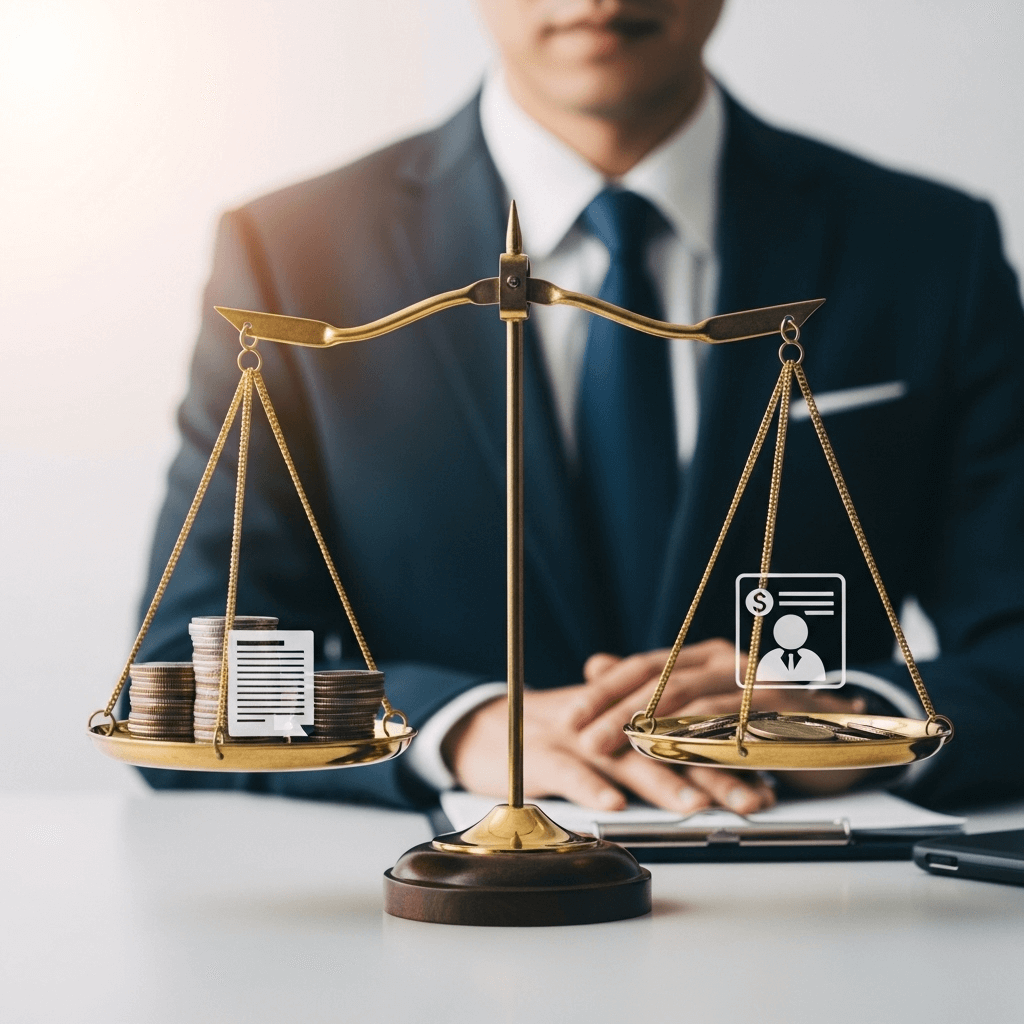A set of balanced scales with financial documents and coins, symbolising the careful management of assets and liabilities in insolvency and bankruptcy.
