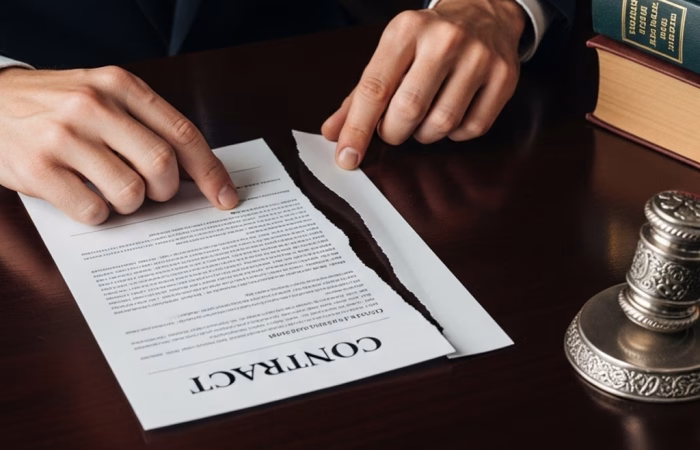 A person in a suit tearing a contract in half, with a gavel and legal books on the table. This image symbolises a breach or termination of a contract, highlighting the importance of understanding and defending contractual rights.