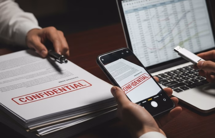 A close-up of three people's hands around a dark desk. One person holds a smartphone taking a picture of a stack of documents stamped "CONFIDENTIAL." Another hand is plugging a USB drive into a laptop showing financial data. This visual represents the threat of employee data theft and the misuse of sensitive company information.