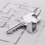 A silver house key resting on a building blueprint, with a small shield emblem attached that is labeled "STATUTORY WARRANTIES." This image symbolizes the mandatory legal STATUTORY WARRANTIES and protection for residential construction work in NSW under the Home Building Act.