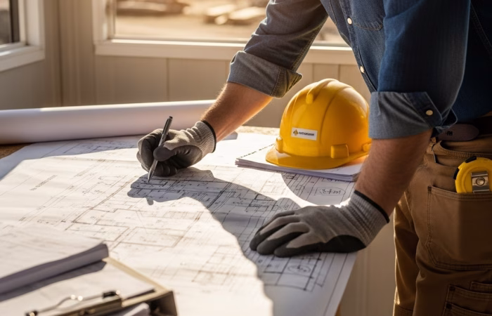 A person wearing work gloves and a denim shirt, with a tape measure clipped to their pants, leans over a large blueprint on a table, writing on it with a pen. A yellow hard hat and a clipboard with documents are also on the table. In the blurred background, a sunny construction site with heavy machinery is visible through a window, signifying an owner builder managing their own home renovation or construction project.