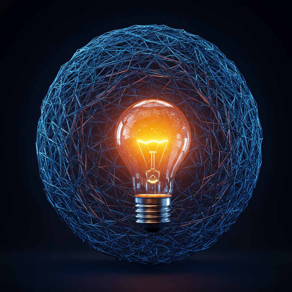 A glowing lightbulb encased within a protective, abstract blue wireframe sphere, symbolizing the safeguarding of innovative ideas and intellectual property.