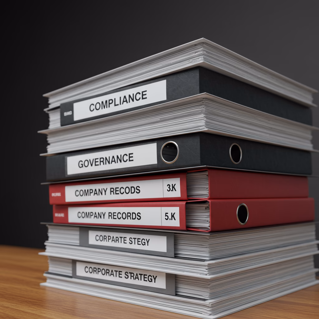 A stack of official-looking binders or documents labeled 'Compliance' and 'Governance', representing corporate law and regulatory adherence.