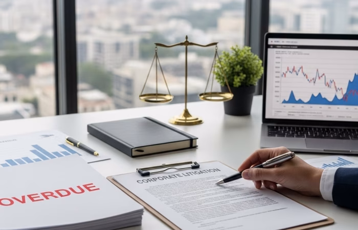 A person's hand reviewing a document titled "CORPORATE LITIGATION" on a desk with a laptop, overdue papers, and a scale of justice.