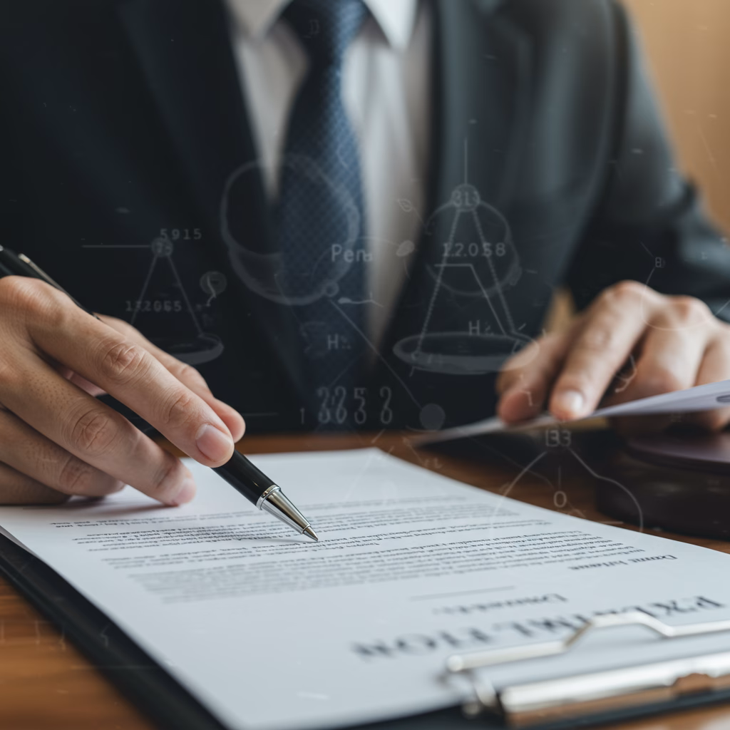 A hand holding a pen over a contract with blurred figures shaking hands in the background, representing commercial dispute resolution.