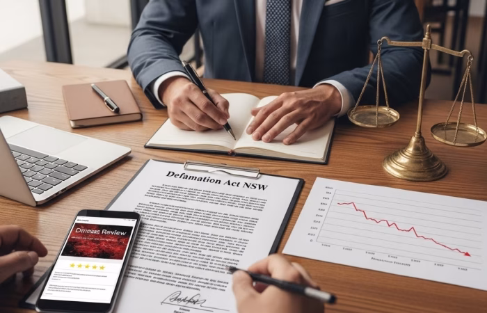 Two people in suits at a desk with a laptop, documents, and a scale of justice. One document is titled "Defamation Act NSW," and a smartphone shows a negative online review.