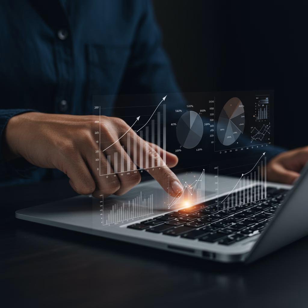 Close-up of a hand pointing to a growth chart on a laptop screen, symbolizing business strategy and growth facilitated by commercial law.