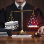 A set of traditional brass scales of justice stands on a polished wooden desk in a law office or courtroom. The left pan is heavily weighted down by a stack of legal binders labeled "EVIDENCE," "Exhibit A," and "Docket No." The right pan holds a glowing red, translucent silhouette of a person's head and shoulders, with a speech bubble indicating "...significant probative value is required." A legal textbook is open beneath the scales, and a judge's gavel rests nearby. This image perfectly illustrates the legal challenge of admitting tendency evidence under the Evidence Act NSW, highlighting the need for significant probative value.