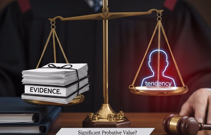 A set of traditional brass scales of justice stands on a polished wooden desk in a law office or courtroom. The left pan is heavily weighted down by a stack of legal binders labeled "EVIDENCE," "Exhibit A," and "Docket No." The right pan holds a glowing red, translucent silhouette of a person's head and shoulders, with a speech bubble indicating "...significant probative value is required." A legal textbook is open beneath the scales, and a judge's gavel rests nearby. This image perfectly illustrates the legal challenge of admitting tendency evidence under the Evidence Act NSW, highlighting the need for significant probative value.