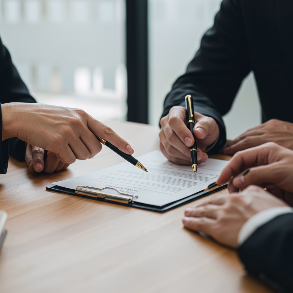 Close-up of hands reviewing a legal document, such as a licensing agreement or settlement draft, with a pen, symbolizing the commercialization and resolution of intellectual property matters.