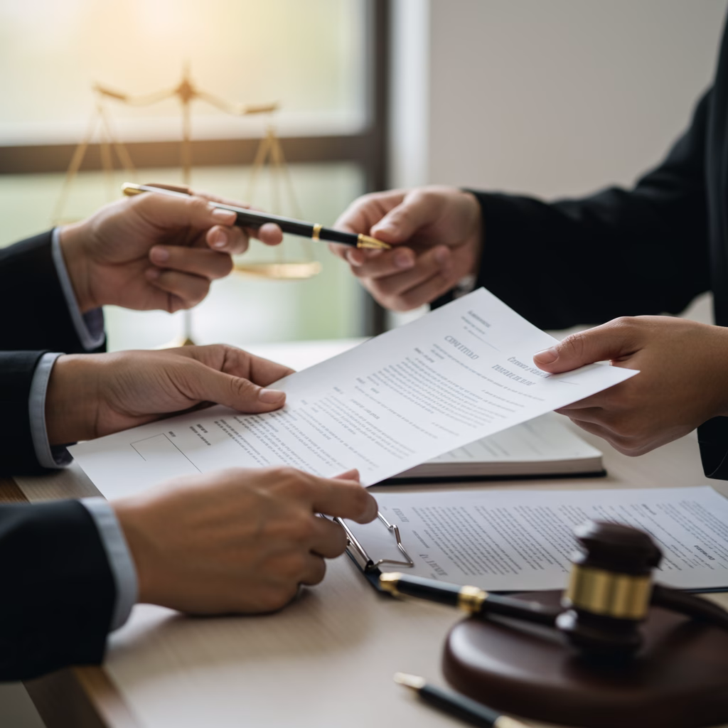 Professional hands exchanging legal documents, symbolising seamless legal agency services and reliable court representation in Sydney.