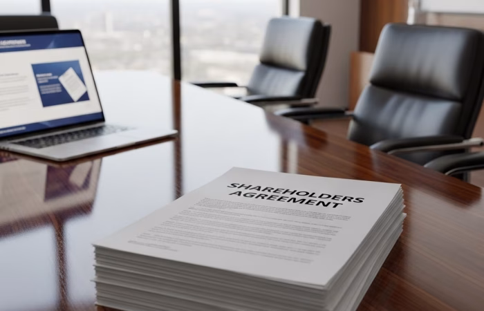 A stack of legal documents titled "SHAREHOLDERS AGREEMENT" rests on a wooden conference table. In the background, a laptop is open, and two conference chairs are visible.