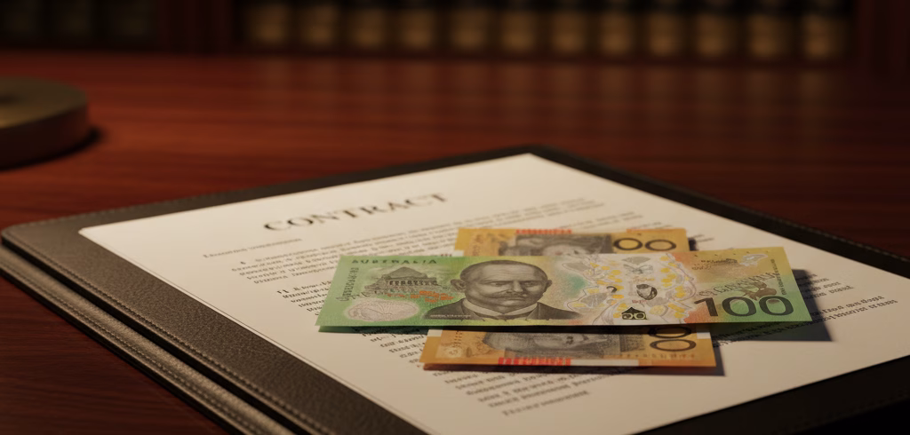 A professional, moody photograph of a legal office desk featuring a signed contract resting on a leather portfolio. A clean, sharp horizontal tear runs through the center of the document, representing a legal breach. Emerging directly from the tear are crisp Australian banknotes, symbolizing the concept of contract damages as a means of financial restoration. In the soft-focus background, gold law scales and leather-bound law books sit under warm lamp lighting, emphasizing a formal legal setting.