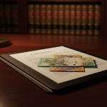 A professional, moody photograph of a legal office desk featuring a signed contract resting on a leather portfolio. A clean, sharp horizontal tear runs through the center of the document, representing a legal breach. Emerging directly from the tear are crisp Australian banknotes, symbolizing the concept of contract damages as a means of financial restoration. In the soft-focus background, gold law scales and leather-bound law books sit under warm lamp lighting, emphasizing a formal legal setting.