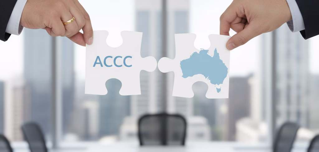 ACCC lose-up of professional hands connecting two puzzle pieces; one featuring the ACCC logo and the other a map of Australia, symbolising a corporate merger in a modern office setting.