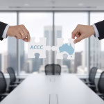 lose-up of professional hands connecting two puzzle pieces; one featuring the ACCC logo and the other a map of Australia, symbolising a corporate merger in a modern office setting.