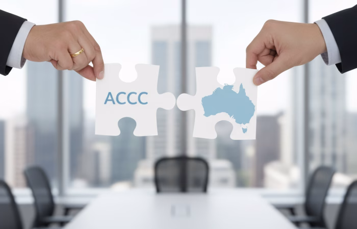 lose-up of professional hands connecting two puzzle pieces; one featuring the ACCC logo and the other a map of Australia, symbolising a corporate merger in a modern office setting.