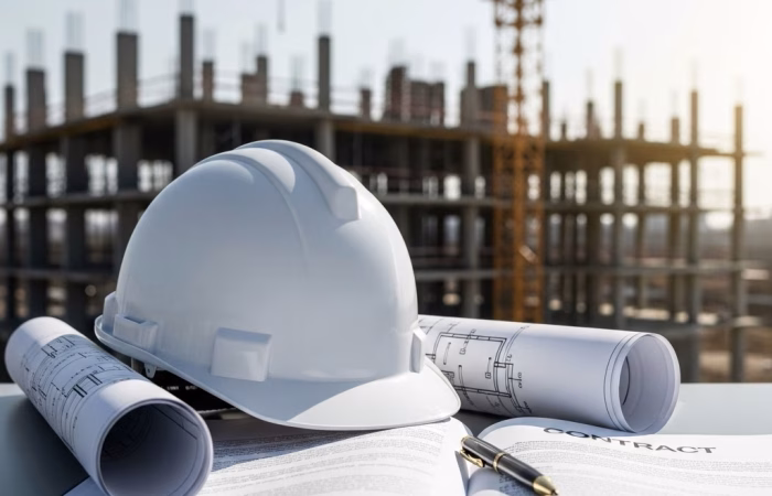 A hard hat and rolled-up architectural blueprints rest on an open contract document, with a construction site and crane visible in the background. The image represents a payment claim in a construction or building context.