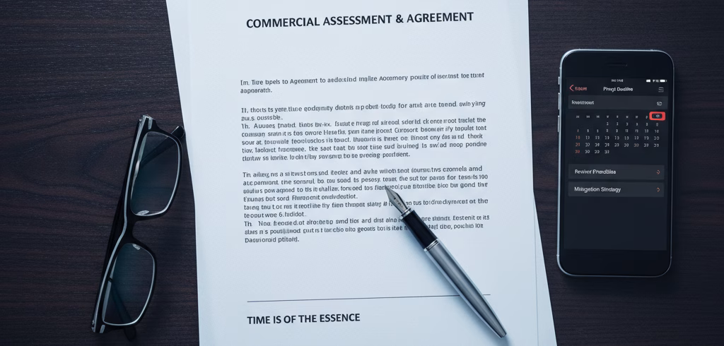 Calderbank Offer strategy A desk lies a formal legal document with a pen resting on the signature line. Beside the document is a pair of modern eyeglasses and a smartphone displaying a calendar, symbolizing the "timeframe" and "commercial assessment" mentioned in your text shich is Calderbank Offer.