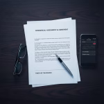 A desk lies a formal legal document with a pen resting on the signature line. Beside the document is a pair of modern eyeglasses and a smartphone displaying a calendar, symbolizing the "timeframe" and "commercial assessment" mentioned in your text shich is Calderbank Offer.