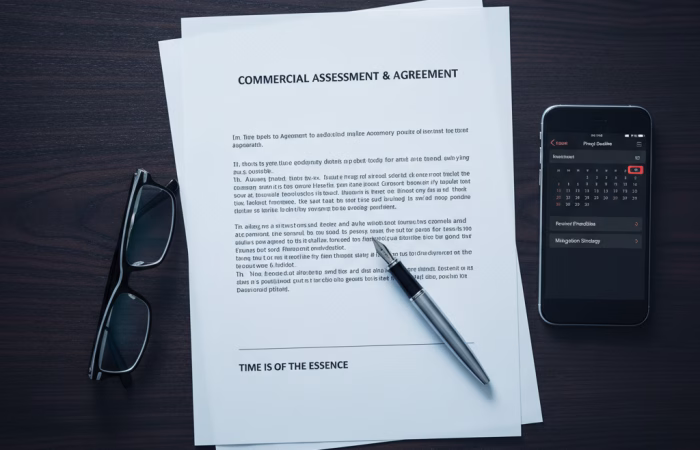 A desk lies a formal legal document with a pen resting on the signature line. Beside the document is a pair of modern eyeglasses and a smartphone displaying a calendar, symbolizing the "timeframe" and "commercial assessment" mentioned in your text shich is Calderbank Offer.