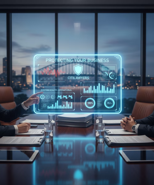 Commercial Legal-Consultation A holographic legal interface displaying “Protecting Your Business” hovering above a boardroom table in Sydney, with the Harbour Bridge in the background, demonstrating how commercial law can legally protect your business.