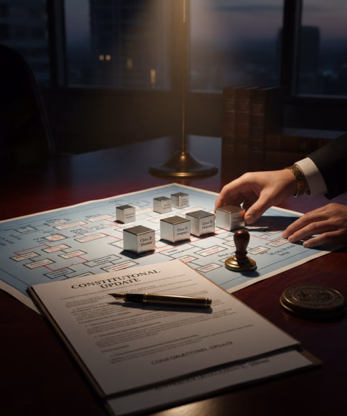 A realistic, high-end photograph of a lawyer's hands organizing metallic cubes on a corporate structure diagram, emphasizing corporate law and strategic business protection. The scene is set on a dark wood desk in a Sydney office at night, featuring a "Constitutional Update" document, a fountain pen, and a legal seal under the warm glow of a desk lamp. No faces are visible.