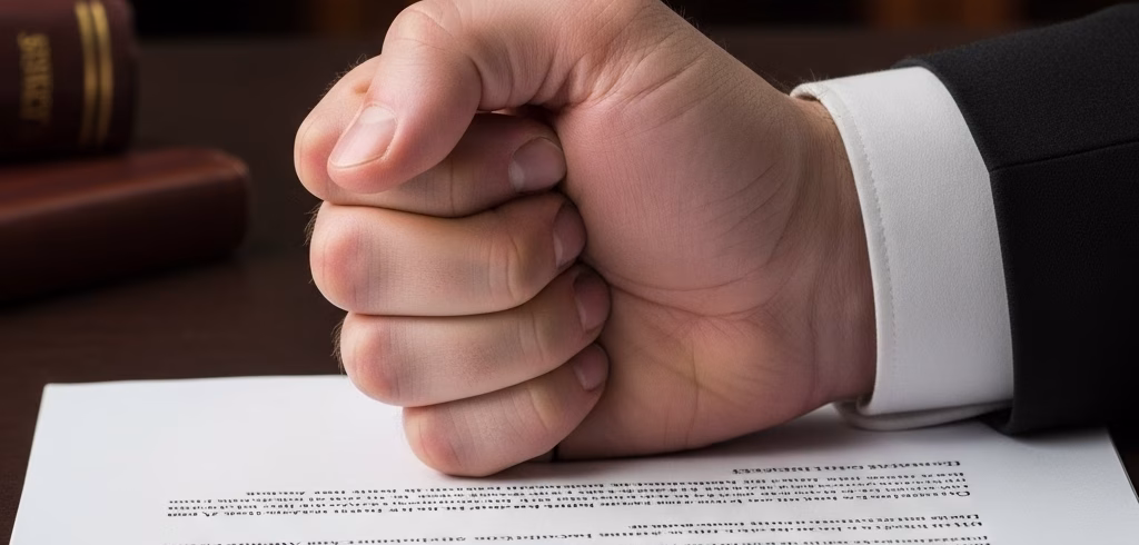 A man's clenched fist rests firmly on a legal document titled "COURT ORDER," symbolizing the enforcement of judgment on a dark wooden desk with legal books blurred in the background.