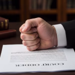 A man's clenched fist rests firmly on a legal document titled "COURT ORDER," symbolizing the enforcement of judgment on a dark wooden desk with legal books blurred in the background.