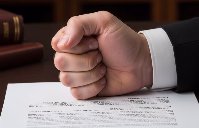 A man's clenched fist rests firmly on a legal document titled "COURT ORDER," symbolizing the enforcement of judgment on a dark wooden desk with legal books blurred in the background.