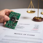 A hand holds a broken circuit board over a bank statement and a "Notice of Claim" document, with the scales of justice in the background. This image symbolizes a legal dispute and compensation claim arising under sale of goods law due to faulty materials.
