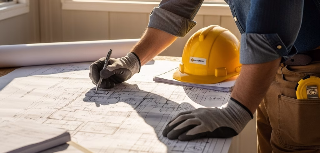 A person wearing work gloves and a denim shirt, with a tape measure clipped to their pants, leans over a large blueprint on a table, writing on it with a pen. A yellow hard hat and a clipboard with documents are also on the table. In the blurred background, a sunny construction site with heavy machinery is visible through a window, signifying an owner builder managing their own home renovation or construction project.