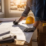 A person wearing work gloves and a denim shirt, with a tape measure clipped to their pants, leans over a large blueprint on a table, writing on it with a pen. A yellow hard hat and a clipboard with documents are also on the table. In the blurred background, a sunny construction site with heavy machinery is visible through a window, signifying an owner builder managing their own home renovation or construction project.